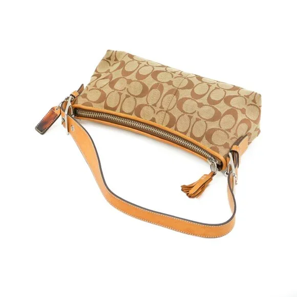 COACH Purse Vintage Tan Monogram Petite East West Demi Baguette Shoulder Bag - Picture 7 of 15